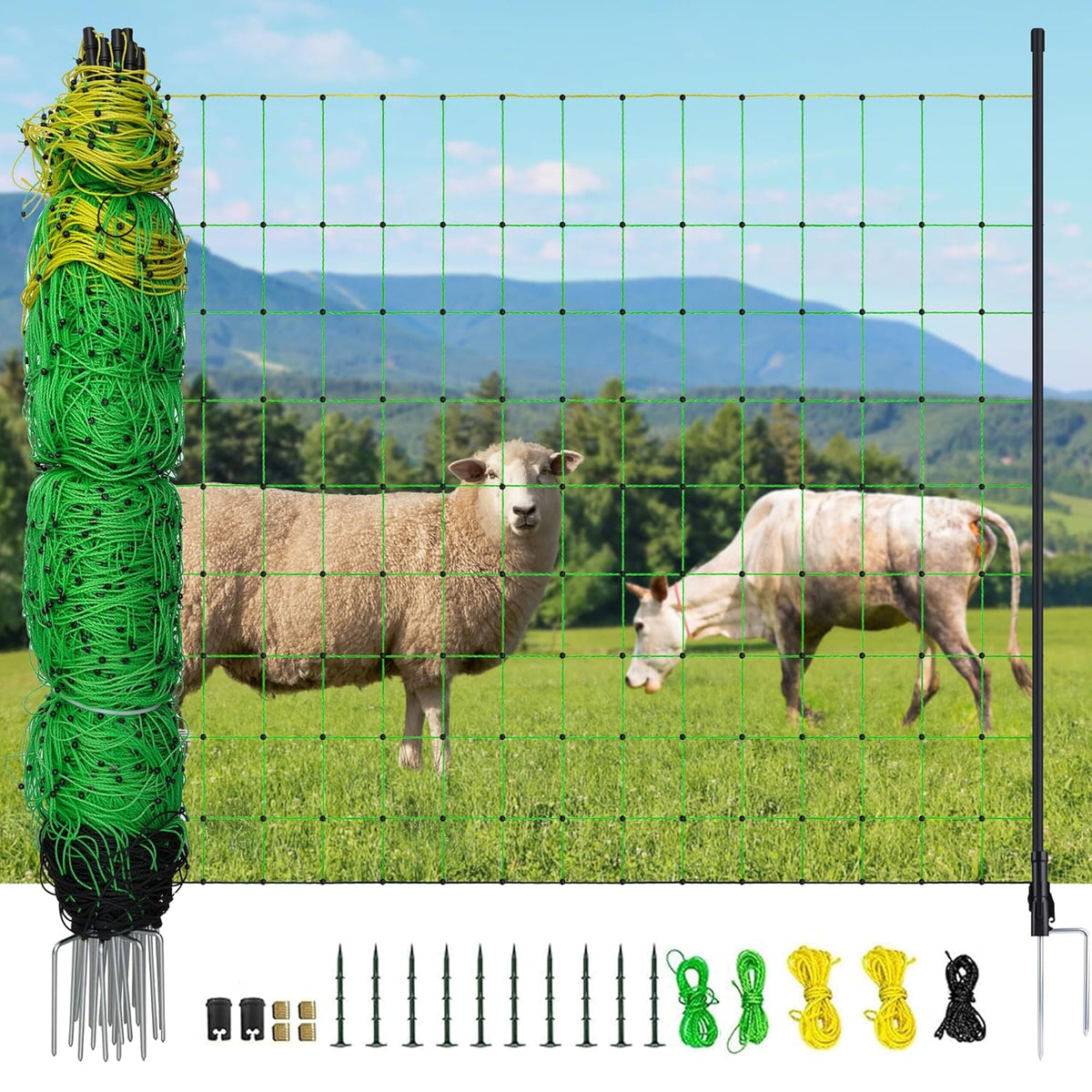 Electric Fence Netting, 164'L x 42.5" H Electric Fence Kit for Livestock, Goat, 14 Posts Double Spiked Portable Electric Poultry Farm Fence