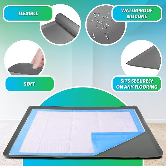 Dog Pee Pad Holder - Fits Up to 36” x 36” Pee Pad - 1 Pack - Grey | Stable Grip, Soft Edges, Quick Wipe Silicone Surface, Dog Pad Holder for Indoor Flooring Protection