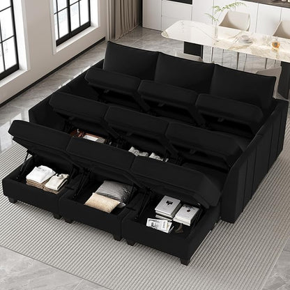 Belffin Modular Sectional Sofa Bed with Storage, 9-Seater Velvet Reversible Sleeper Couch for Living Room, Black
