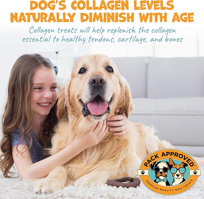 Beef Collagen Chews - Rawhide Free, Long Lasting - 100% Beef Corium, Single Ingredient Dog Treat - Puppy Teething Rings, Natural - 3.5" Rings, Pack of 8