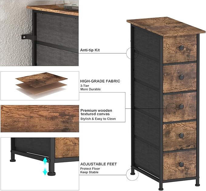 GiftGo Narrow Dresser Vertical Slim Dresser Chest of Drawers Skinny Storage