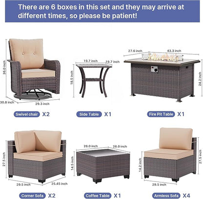 Gotland 11 Pieces Patio Furniture Set with Fire Pit Table Swivel Chairs, PE Rattan Outdoor Furniture with 29.5'' High Backrest 4’’ Thick Cushions, Outdoor Sectional for Porch, Deck, Garden, Khaki