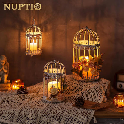 NUPTIO Decorative Bird Cage Lantern: 2 Set of 10 inch Tall Rustic White Birdcage Lanterns Centerpiece Vintage Decorating Metal Pillar Candle Holder for Christmas Bridal Shower Party Decor