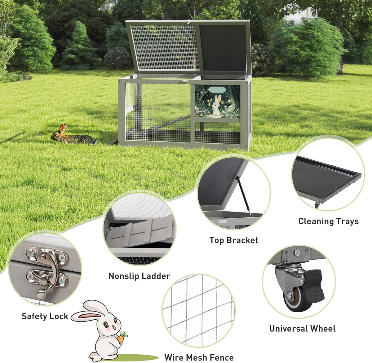 COZIWOW Fashionable Wood 36In Rabbit Hutch Indoor on Wheels Bunny Cage Outdoor Rabbit Cage with Clean Tray, Openable Roof, Anti-Slip Ramp for Small Bunny Rabbit (Grey with Pattern)