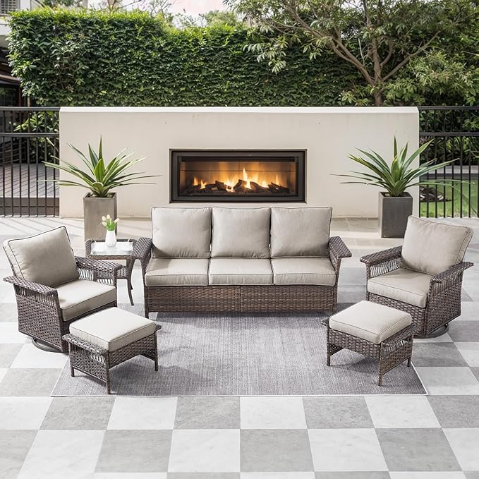 6 Pieces Wicker Patio Furniture Set - Hollow Widen Armrests Outdoor Swivel Glider Chairs and 3 Seat Sofa with Coffee Table & Ottomans for Balcony Porch Deck and Yard - Brown/Beige