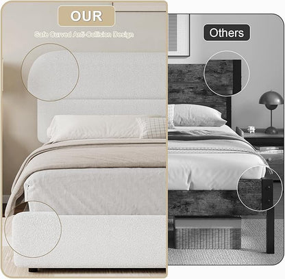 HOMBCK Full Size Bed Frame, Boucle Upholstered Bed Frame Full with Headboard and Thickened Footboard, Rounded Corners, No Box Spring Needed, Easy Assembly, White