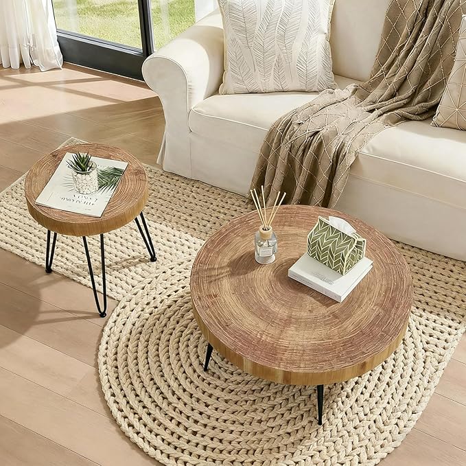RUSTOWN Farmhouse Round Coffee Table Set of 2, Natural Wood Finish with Unique Ring Design, Modern Circle Side and End Table Sets for Living Room, Natural