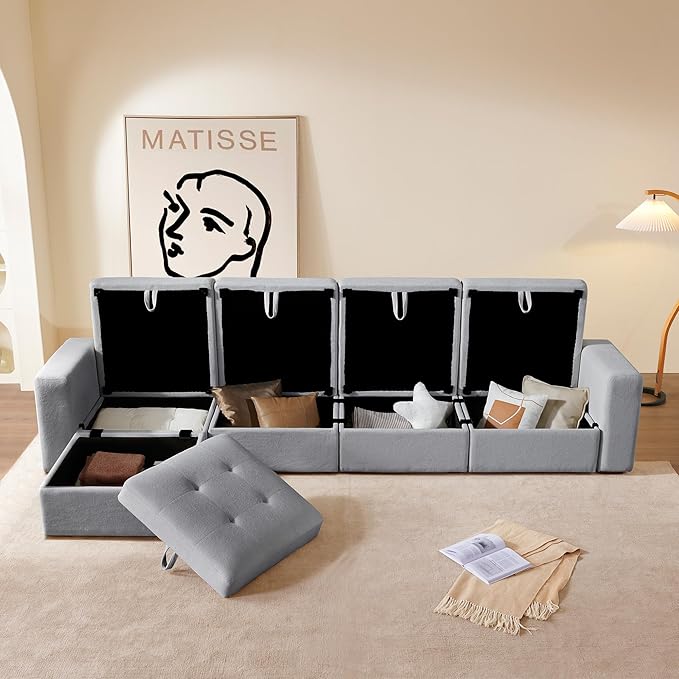 ORRD Convertible Sectional L Shaped Sofa with Storage, Modular Sectional 5 Seater Tufted Sofa Set with Chaise - Grey