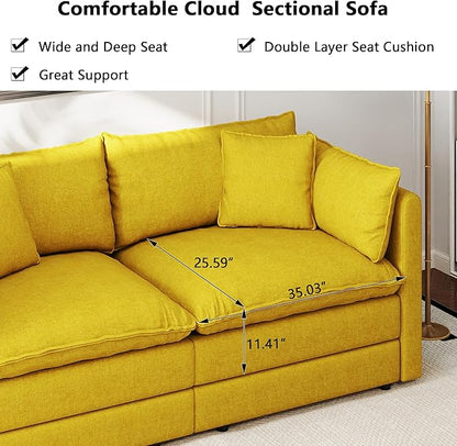 Aoowow Modular Sectional Sofa Modern Convertible L Shaped Couch,111.5 Inch Deep 3-Seater Sofas Set Comfy Chenille Cloud Sofas and Couches with Movable Ottoman for Living Room Apartment（Yellow）