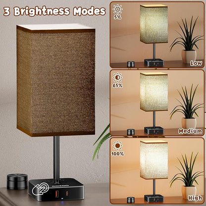 cozoo Bedroom Table Lamp with Remote Operation Control,Dimmable Bedside Table Desk Lamps with USB C+A Charging Ports 2 AC Outlets (Brown + Remote)