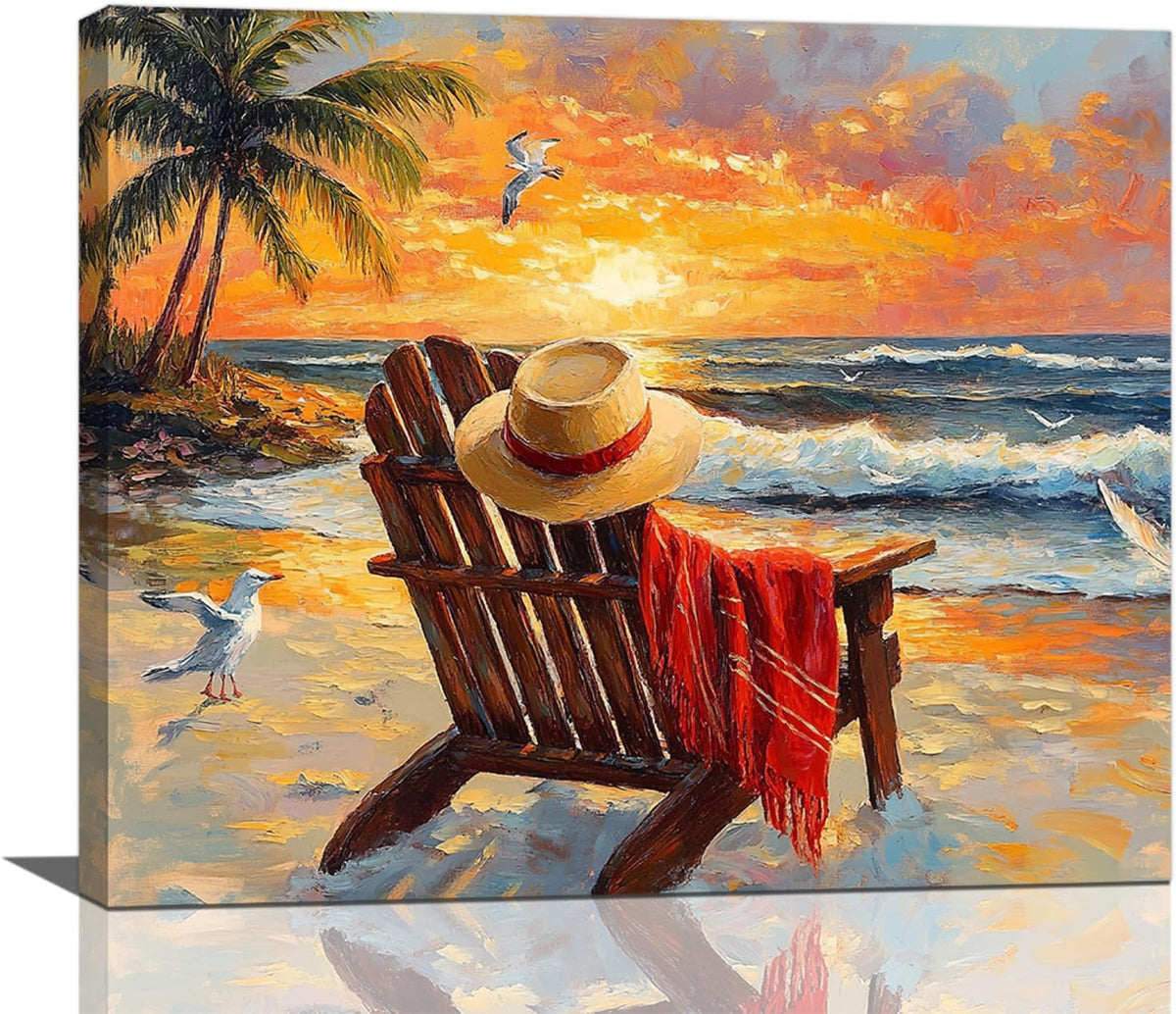 Beach Coastal Bathroom Pictures Wall Art, Seaside Ocean Bathroom Wall Decor, Sunrise Palm Framed Painting Canvas Artwork for Bedroom Living Room Decorations 24"L x 20"W