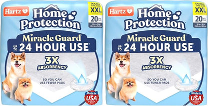 Hartz Miracle Guard Dog and Puppy Dog Pads Max Absorbency 24 Hour Use Odor Eliminating No Leaks, 2XL Size, 20 Count (Pack of 2)