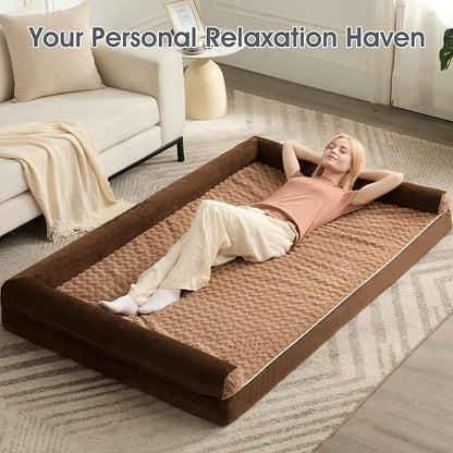 BFPETHOME Orthopedic Washable Human Dog Bed for Adult & Dog Cozy Sleep | Human Size Waterproof Big Soft Pet Couch Bed for Adult & Dogs Relax with Removable Cover Supportive Foam Brown 71x46 Inch