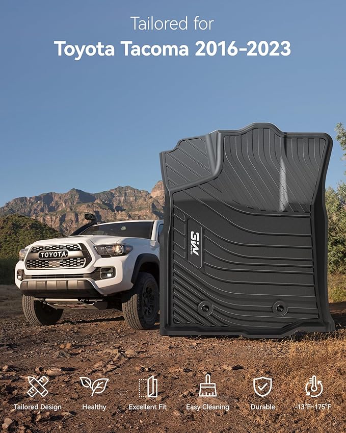 3W Floor Mats Fit Toyota Tacoma 2016-2023 (Only for Double Cab and Automatic), TPE All Weather Custom Fit Floor Liner for Toyota Tacoma SR/SR5/TRD/Limited/Trail Accessories Car Liners, Black