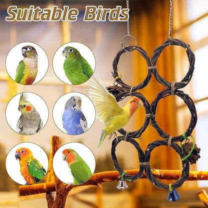 BNOSDM Bird Swing Rings Toy Natural Wood Parrot Climbing Ladder Parakeet Chewing Toys Hanging Budgie Cage Accessories for Green Cheek Conure Cockatiel Lovebird (6 Rings)