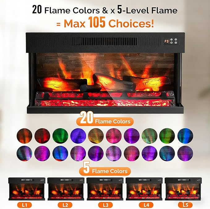 ROVSUN 1400W 3-Sided Glass Electric Fireplace Insert w/Remote Control, CSA