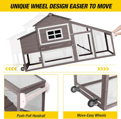 Aivituvin Chicken Coop Outdoor with Wheels, Mobile Hen House Wooden Poultry Cage with Run & Waterproof Roof (Grey with White)