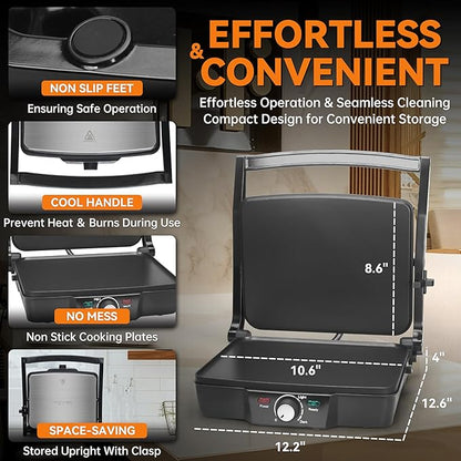 Baker's Friend Panini Press Electric Griddle, Panini Grill Press Sandwich Maker