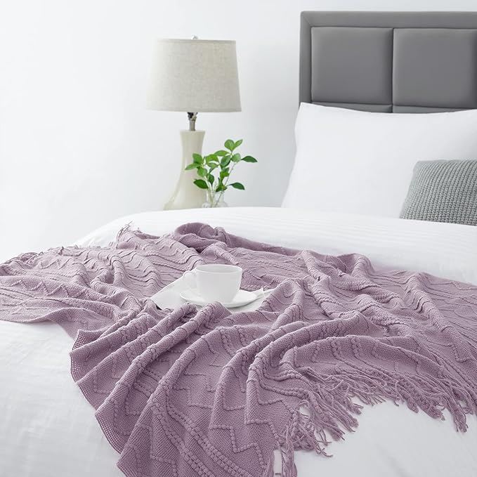 BOURINA Light Lavender Throw Blanket 50x60 Inches Throw Textured Solid Soft Sofa Couch Decorative Knit Blanket
