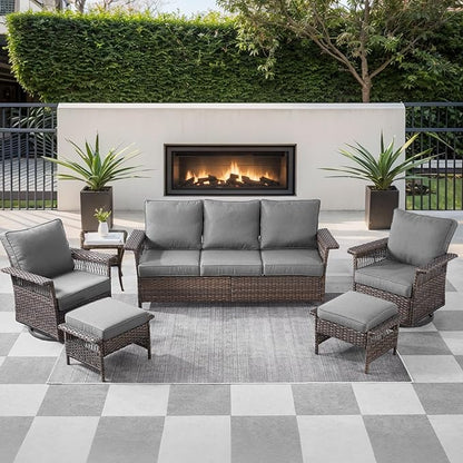 6 Pieces Wicker Patio Furniture Set - Hollow Widen Armrests 3 Seat Outdoor Sofa & Comfy Chairs with Side Table & Ottomans, Small Patio Convention Set for Deck and Backyard - Brown/Gray