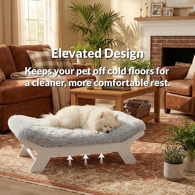 Elevated Wood Dog Bed Frame Mat Set, Whitecolor, Small | Raised Sturdy Attractive Dog Sofa Couch Furniture,45 lb
