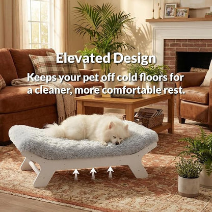 Elevated Wood Dog Bed Frame Mat Set, Whitecolor, Small | Raised Sturdy Attractive Dog Sofa Couch Furniture,45 lb