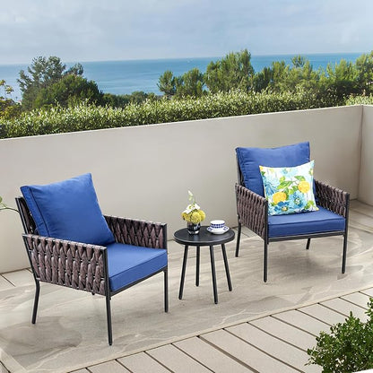 SunloungeCo Patio Furniture Set, 3-Piece Wider Outdoor Metal Seating Sofa with High Back, Coffee Ta ble, All Weather Rattan Conversation for Garden,Backyard, Poolside-Navy