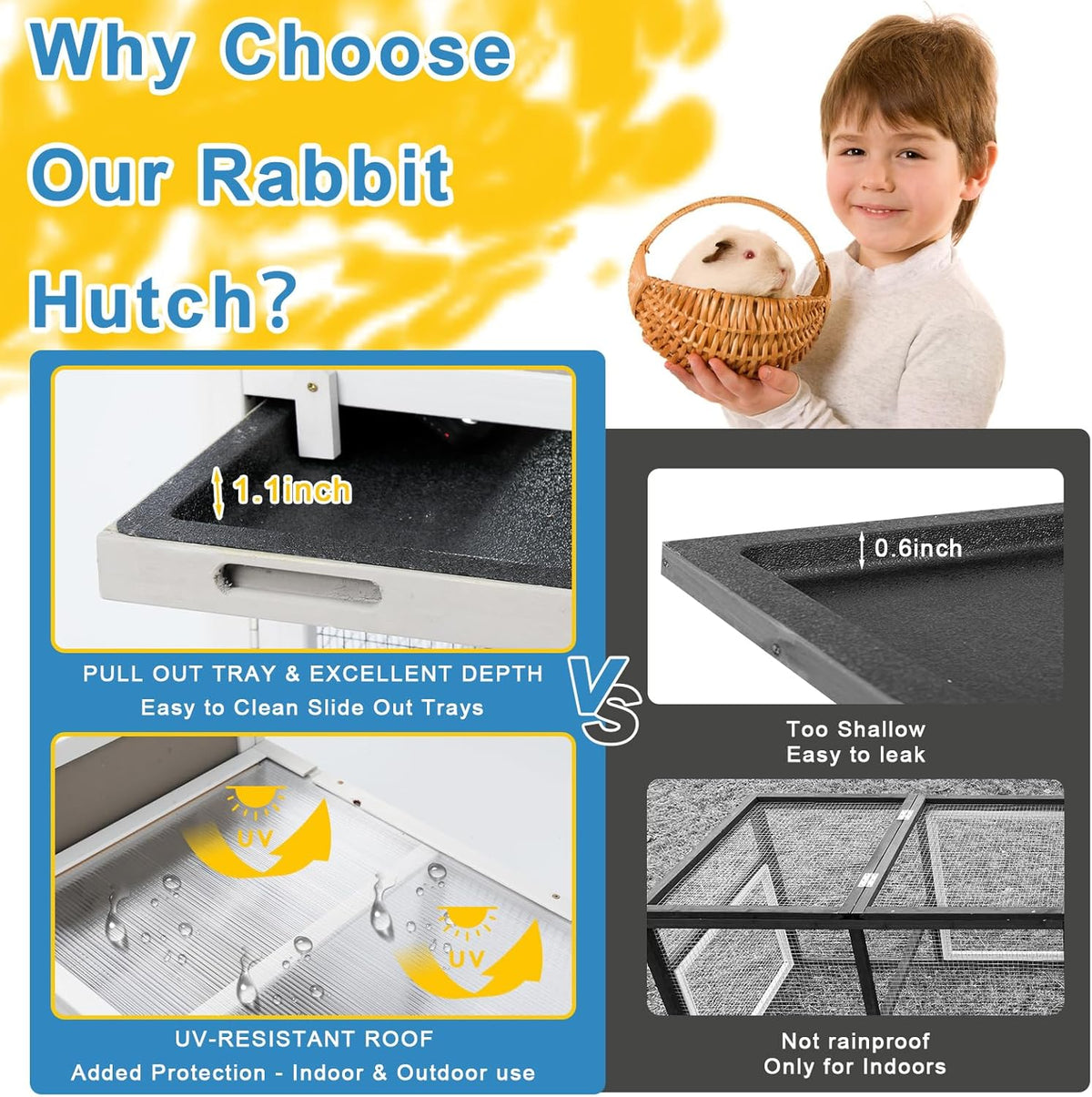 48" L Rabbit Hutch Outdoor Indoor Bunny Hutch Weatherproof, 2-Story Wood Rabbit Cage with Deep Tray, Chew-Resistant Ramp, UV Roof, Bunny House for Small Animal, Expandable Guinea Pig Cage