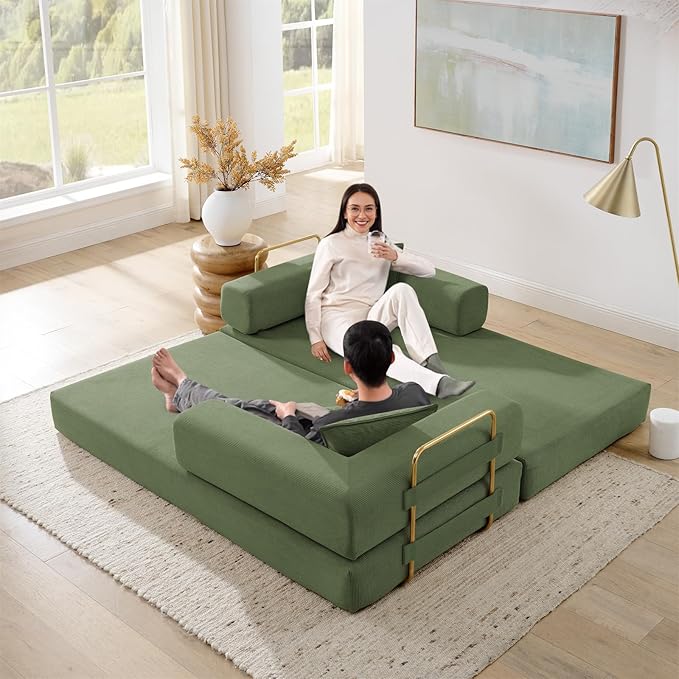 Antetek Convertible Futon Sofa Bed, 3-Seater Modern Corduroy Foam Floor King Size Bed Fold Out Sleeper Lounge Loveseat Sofa Couch with 2 Throw Pillows for Living Room Bedroom Guest Room, Army Green