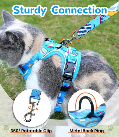 Halypet Cat Harness and Leash Set for Walking, Escape Proof Adjustable Vest Harness with 3-in-1 Integrated Buckles, Easy Control Soft Breathable Mesh with Reflective Strips for Cats, XS, Ocean Blue