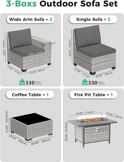 7 Piece Outdoor Wicker Rattan Sectional Sofa Set with Fire Pit Table, 5-Seats Conversation Set with 4" Thickened Cushions & Coffee Table, All-Weather PE Rattan for Garden, Backyard, Porch, Black