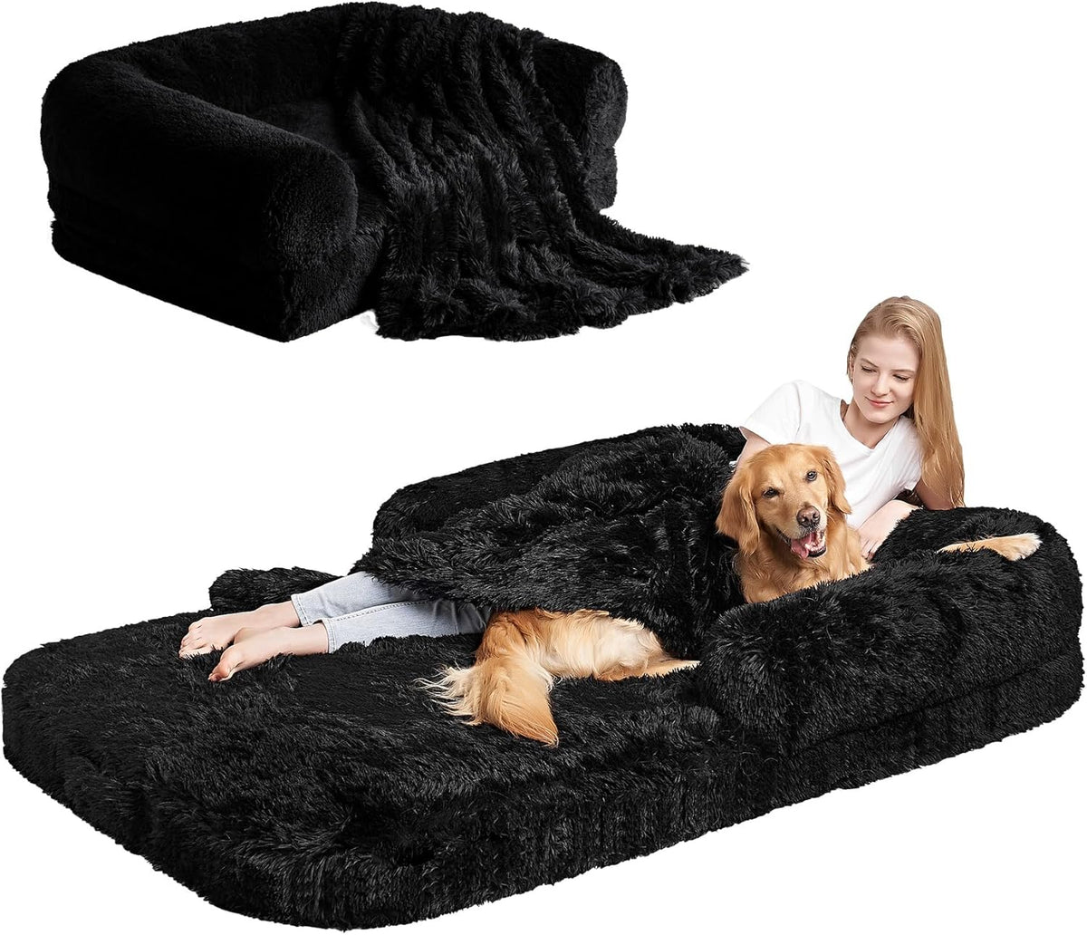 EHEYCIGA Foldable Human Dog Bed, Orthopedic Memory Foam Human Sized Dog Bed, Waterproof Pet Bed for People, Faux Fur Pet Couch for Adult, Black, 72"x44"x11"