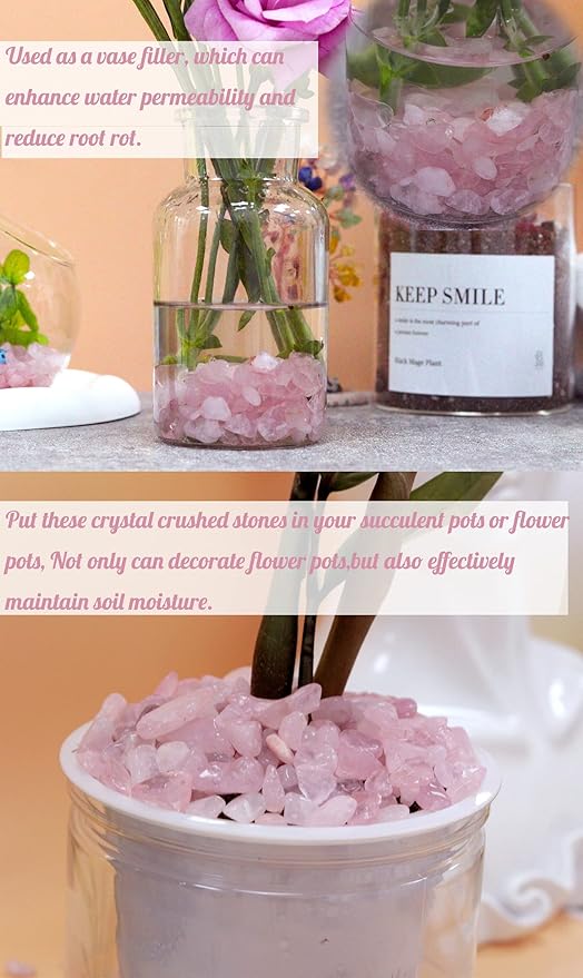 1lb Rose Quartz Aquarium Gravel Rocks Natural Tumbled Healing Crystal Chips Bulk Gemstones Tumbled Crushed Stones for Fountain Vase Filler Planters Decorative Fish Tank Potted Reiki Energy Balancing