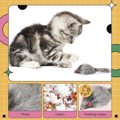 Hungdao 60 Pcs Furry Mice Interactive Catch Play Rabbit Fur Mouse Cat Toy Rattle Sound Rat Plush for PET Cats and Kittens, 3 Colors(White, Black, Gray)
