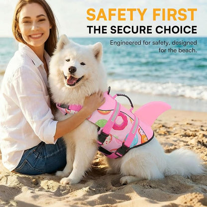 Dog Life Jacket, Dog Life Vest for Swimming, High Flotation Shark Swimming Safety Vest for Large Dods, Adjustable Reflective Pet Lifesaver Preserver, Pink Donut L