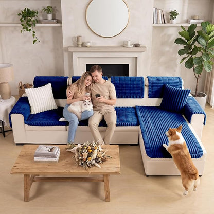 FUANGUI 2 Pack Waterproof Couch Cover for Dogs Pets Sofa Protector | Non-Slip Washable Fuzzy Soft Sofa Slipcover for 2 PCS L Shaped Sofa Pet Friendly, 27.6" x 59.1"+27.6" x 70.9", Navy Blue