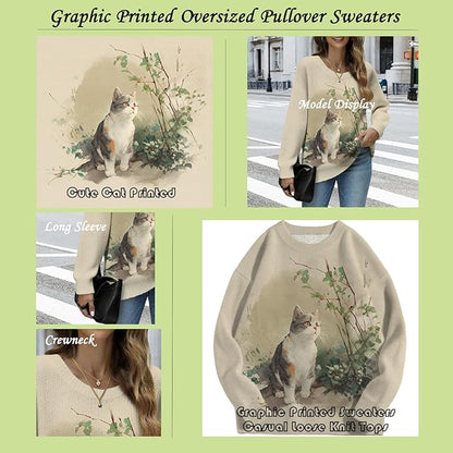 Women's Cat Printed Sweater Oversized Cable Knit Long Sleeve Christmas Clothes Casual Autumn Winter Fashion Tops