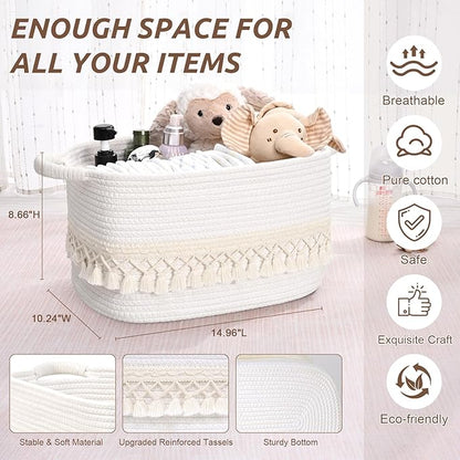 2 Pack Storage Basket for Shelves, Boho Cotton Rope Storage Bins with Heavy Tassel, Shelf Baskets Large Woven Baskets for Organizing, Cube Organizer Bins, Baby Laundry Basket for Clothes, Toys, Pets