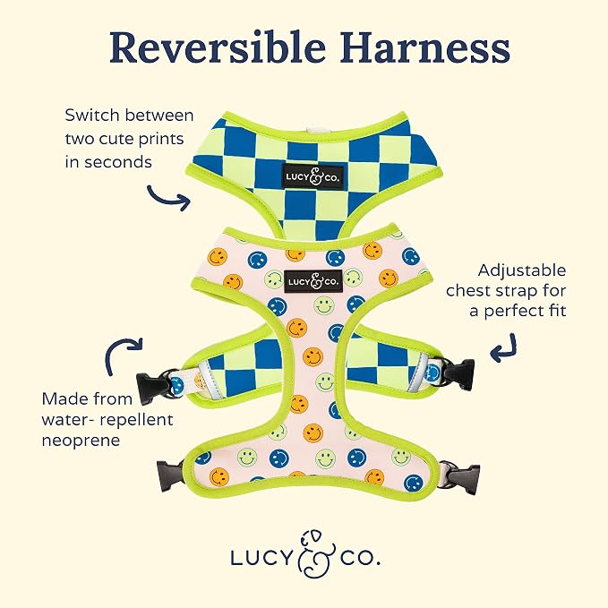 Lucy & Co. Reversible Dog Harness - Water-Repellent Neoprene, Dual-Print Design, Easy Swap Style, Adjustable Comfort Fit - Have a Nice Day Reversible Harness - X-Small