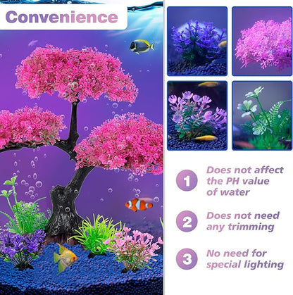 Ameliade Aquarium Artificial Plastic Plants Decoration, Pink Cherry Blossom Tree Aquarium Decor Set, Goldfish Betta Fish Tank Decorations Hides Accessories（Pink
