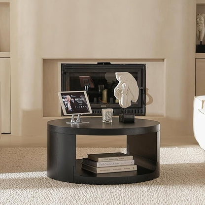 Round Coffee Table with Storage, 31.5" Modern Living Room Table, 2 Tier Circle Wood Center Tables for Apartment, Living Room, Open-Style Storage Black Coffee Tables, 31.5"*15.7"(Black)