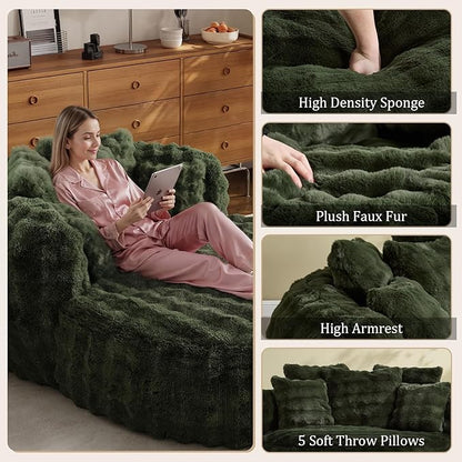 55" W Oversized Round Chaise Lounge Chair with Ottoman Indoor Boneless Faux Fur Plush Fluffy Circle Couch Soft Comfy Cozy Cloud Reading Chair with 5 Pillows for Living Room, Playroom, Bedroom - Green