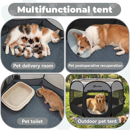 Persure Dog Cat Pet Playpen Puppy Crate Cage for Indoor Outdoor Travel | Nursing Rest Zone Recovering Pet Quarantine Room Portable Pop Up Easy to Set up lightweight Bag(Dark Grey with Pad, Large)