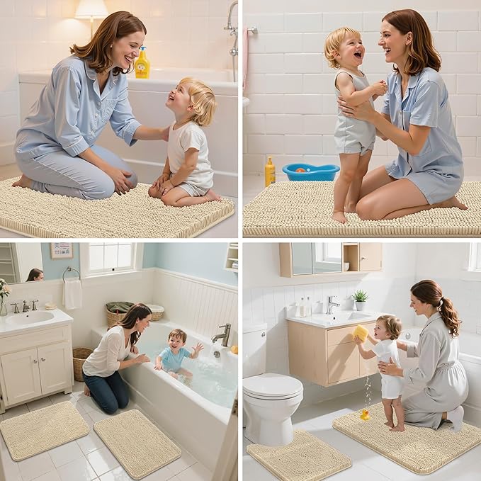 Arotive Bathroom Toilet Rugs U Shaped 24x20, Extra Soft Absorbent Shaggy Chenille Contour Bath Rugs for Toilet, Machine Washable Non-Slip Contoured Bath Mats, Beige