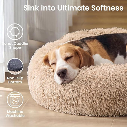 JOLLYVOGUE Calming Dog Beds Extra Large Sized Dog, 45in Donut Washable Large Pet Bed, Anti-Slip & Anti-Anxiety Fluffy Faux Fur Round Dogs Bed, Fits up to 125 lbs Pets (Camel)