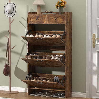 Shoe Cabinet with 3 Flip Drawers & 2 Storage Drawers, Rustic Farmhouse Narrow