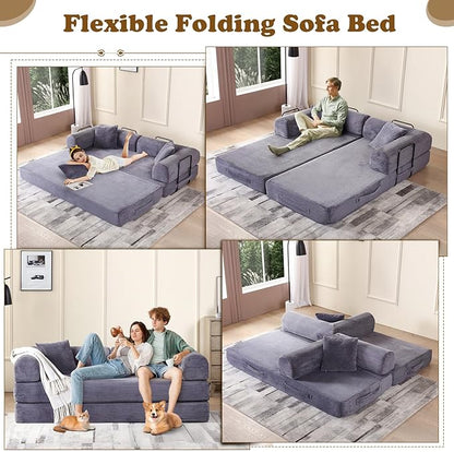 Antetek Convertible Futon Sofa Bed, 3-Seater Modern Corduroy Foam Floor King Size Bed Fold Out Sleeper Lounge Loveseat Sofa Couch with 2 Throw Pillows for Living Room Bedroom Guest Room, Light Grey
