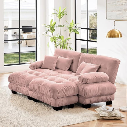 94.4" Loveseat Sofa, 2 Seater Modular Sectional Sofa, Pink Large U Shaped Sectional Couches, Fluffy Chenille Cloud Couch with Ottoman, Deep Seat for Living Room