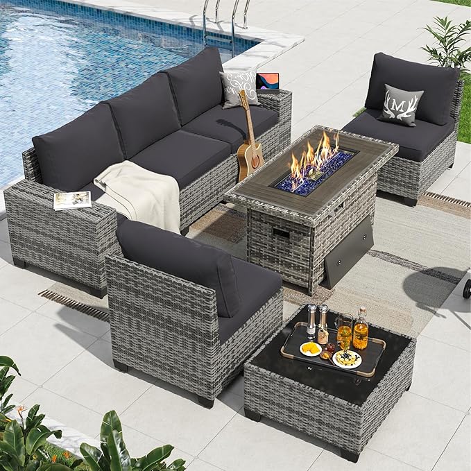 Aoxun 7 Pieces Patio Furniture Set with 40” Fire Pit Table Wicker Rattan Outdoor Sectional Conversation Set with Coffee Table and 4” Thickened Cushions, Blue(Waterproof Cover Included)