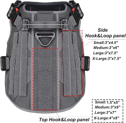 ICEFANG Tactical Dog Harness for X-Large Dogs,Reflective No Pull Dog Vest | with Control Handle,Adjustable,Front Hook,2 Leash Clips,Soft Padded,MOLLE Panel,Grey,X-Large